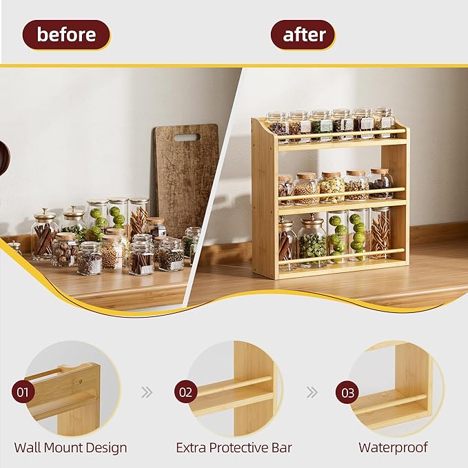 Spice Rack Wall Mounted, Spice Organizer for Counter, Bamboo Spice Storage Holder for Kitchen Cabinet, Pantry (Spice Jars Not Included, Natural)-Ruum Studio Home