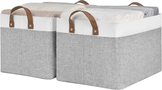 StorageWorks Storage Bins, Fabric Storage Bins for Shelves, Large Storage Baskets with Metal Frame, Closet Baskets and Bins with Handles, Gray and White, 2-Pack-Ruum Studio Home