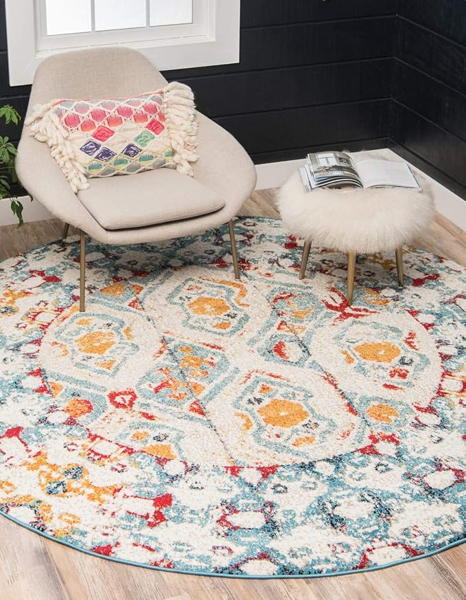 Unique Loom Rosso Collection Vintage, Geometric, Bohemian, Traditional, Distressed, Southwestern Area Rug, Round 4' 0" x 4' 0", Multi/Ivory-Ruum Studio Home