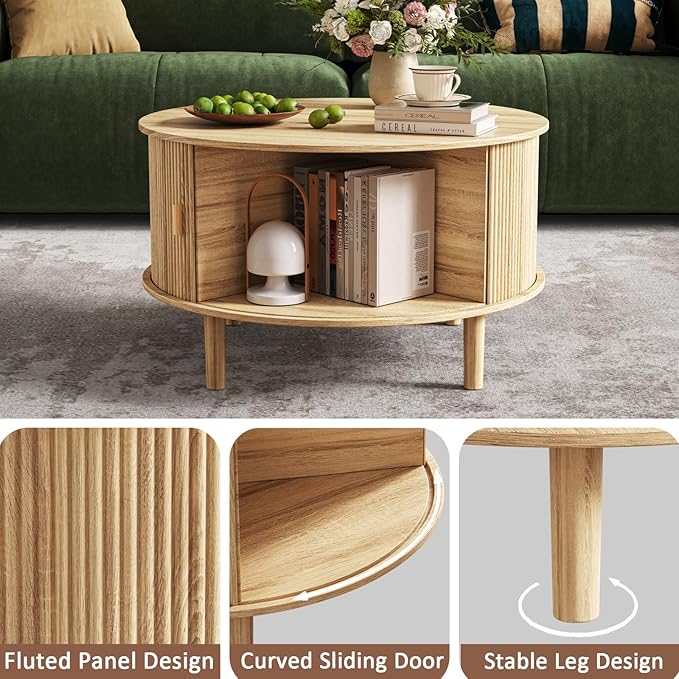 Round Coffee Table with Storage,Fluted Table with 360°Curved Sliding Doors,Solid Wood Legs, Mid Century Modern Center Table for Living Room,Apartment, Home Office,Oak,Natural-Ruum Studio Home