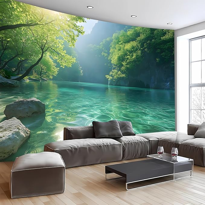 BSFHH Nature Tapestry Forest Tree Sea Cave Wall Hanging, Stream Through Rainforest Landscape Wall Art Tapestry for Bedroom Living room (Lake View, 79"×59", Unframed)-Ruum Studio Home