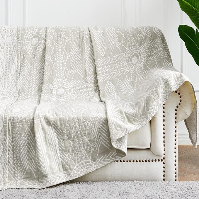 JINCHAN Boho 100% Cotton Muslin Blanket 3-Layer Queen Size 80x90 Inches Geometric Light Grey Lightweight Reversible Soft Comfy Throw for Couch Sofa Bed Coverlet Quilt Large Blanket Bedroom All Seasons-Ruum Studio Home