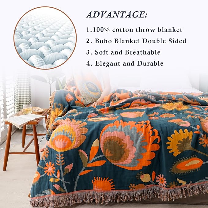 Snycler Boho Throw Blanket for Bed, 100% Organic Cotton Muslin Soft Throw-Orange Boho Floral Farmhouse Rustic Spring Summer Fall Decor Blanket for Couch Sofa Quilt and Gift, 80" x 90"-Ruum Studio Home