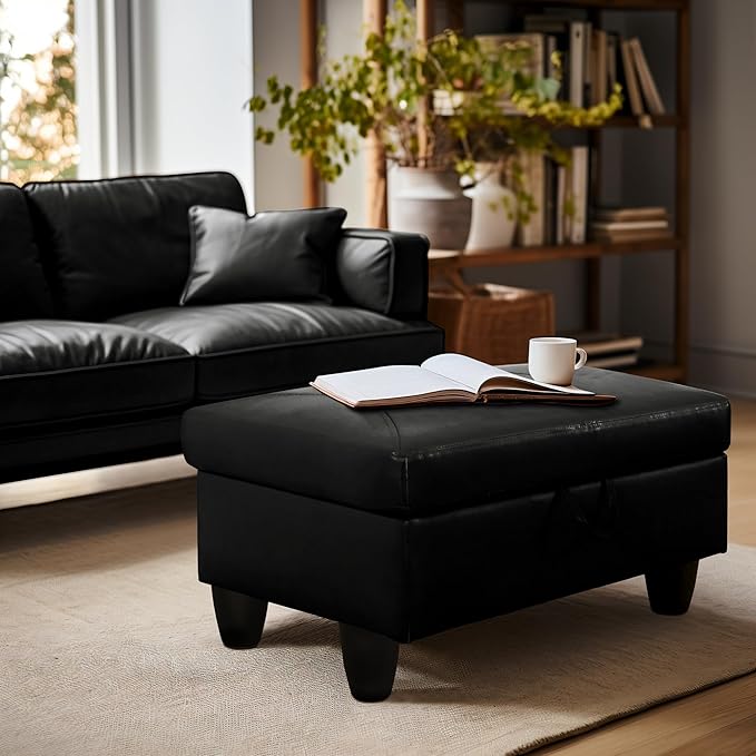 Ottoman Rectangular Storage Ottoman Bench, Faux Leather Footrest, Coffee Table, Stool Footstool with Hinged Lid for Living Room, Bedroom, Entryway, Black, 28.5"x19"x17.5"-Ruum Studio Home