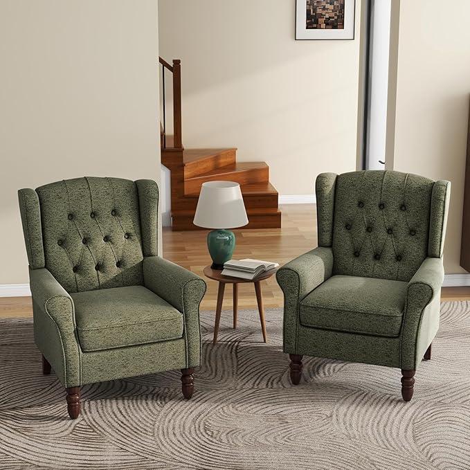 UIXE High Back Accent Chairs Set of 2, Upholstered Armchair in Fabric for Living Room, Retro Wingback Arm Chair Comfy Single Sofa Bedroom Reading Seat with Solid Wood Legs - Green-Ruum Studio Home