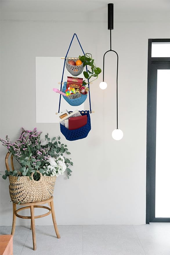 Hanging Fruit Basket, 3 Tier Cotton Macrame Produce Basket for Kitchen, Indoor Planter Hangers.-Ruum Studio Home