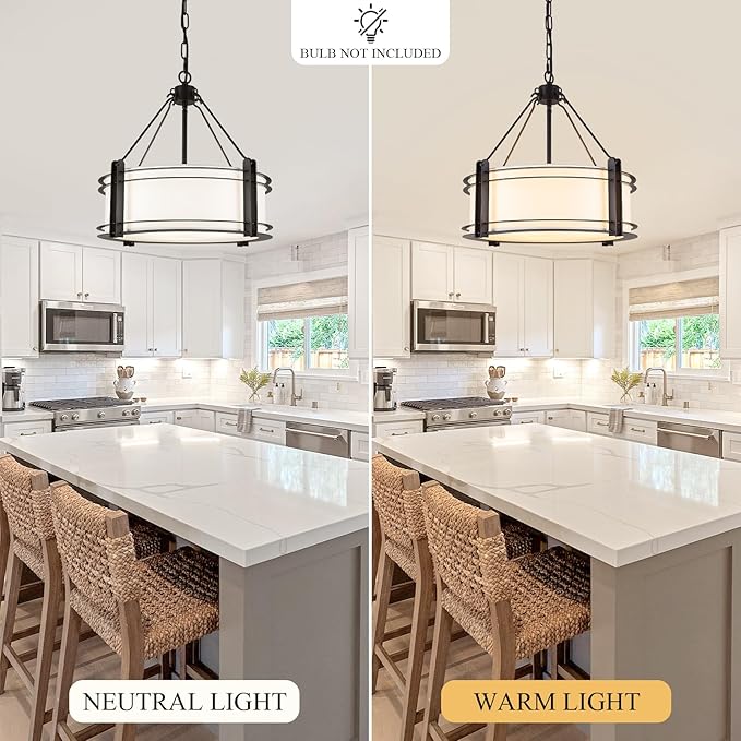 16.3''Black Drum Chandelier 3-Light Modern Farmhouse Chandelier with White Fabric Shade Adjustable Drum Pendant Light Fixture for Dining Room Kitchen Island Hallway Living Bedroom-Ruum Studio Home