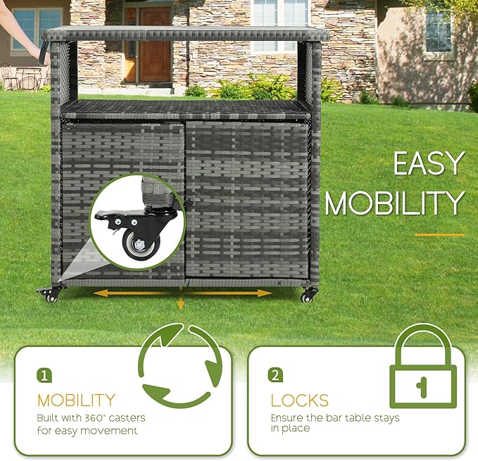 Wicker Outdoor Bar Cart - Gray Gradient Patio Console Storage Table Buffet Cabinet Serving Kitchen Cart with Wheels for Outside Backyard-Ruum Studio Home