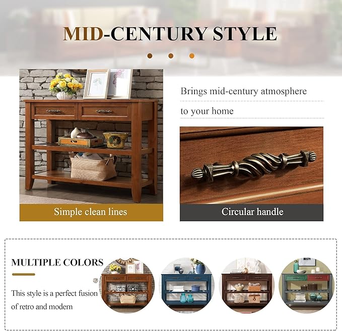 Solid Wood Console Table Entryway Table with Storage Drawers and Shelves Sofa Tables (42" Brown)-Ruum Studio Home