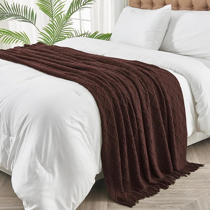 inhand Knitted Throw Blankets for Couch and Bed, Soft Cozy Knit Blanket with Tassel, Diamond Brown Lightweight Decorative Blankets and Throws, Farmhouse Warm Woven Blanket for Men and Women, 60"x80"-Ruum Studio Home