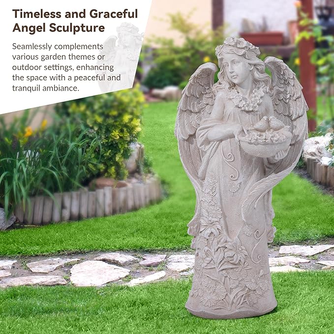 Outdoor Statues Angel Décor Garden Statue,23.5" H Angel Statue, Resin Angel with Bird Figurine,Gifts for Women and Men,Outdoor Garden Decor Ornaments for Outside (White)-Ruum Studio Home