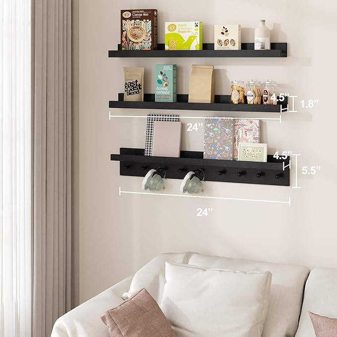 MBYD Black Picture Ledge Shelf with Hooks, 24 Inch Floating Book Shelves Kids Room, Wall Mounted Nursery Bookshelves, Hanging Bookshelf for Bedroom, Living Room, Kitchen, Bathroom Set of 3-Ruum Studio Home