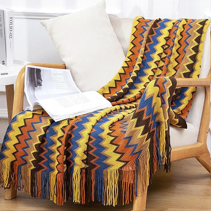 Boho Throw Blanket - Bohemian Fringe Tassels， for Bed Couch Soft ChairBlanket Double Sided (50"x70") (Yellow)-Ruum Studio Home