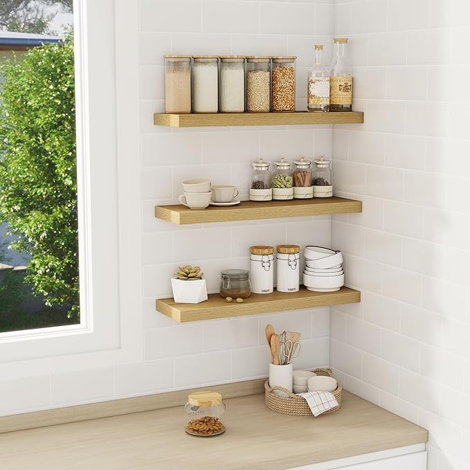 Fun Memories Floating Shelves Wall Shelf 24 inches Long, Farmhouse Bathroom Shelves Bedroom Kitchen Living Room Shelf Wall Mounted, 24 x 6.7 x 1.4 inch Set of 3, Oak Color-Ruum Studio Home