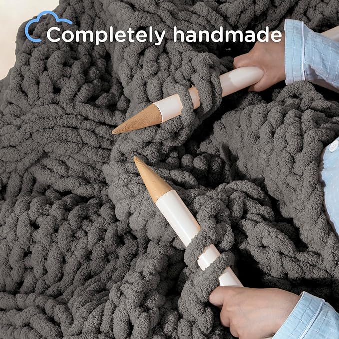 Chunky Knit Blanket Throw - 100% Hand Knitted Chunky Throw Blanket for Couch, Thick and Warm Blanket for Winter, Dark Grey, 50x60 Inches-Ruum Studio Home