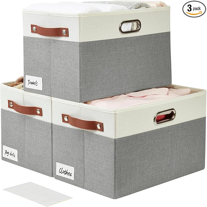 Large Collapsible Fabric Storage Bins with 3 Handles, Foldable Organizer Baskets for Closet, Shelves, Living Room | 3 Pack, Durable PU & Metal Handles (14.9"x9.8"x9.8", Gray & White)-Ruum Studio Home