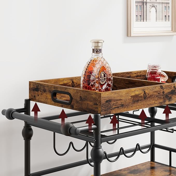 Bar Cart, Bar Carts for The Home, 3 Tier Serving Cart with Wheels, Home Bar & Serving Carts, Metal Rolling Cart with Wine Rack & Removable Tray for Kitchen, Dining Room, Living Room-Retro Brown-Ruum Studio Home