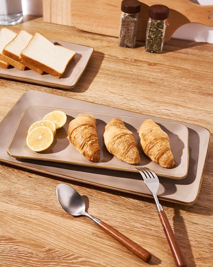 famiware Serving Platter, Rectangular 15.67/14.1/12.6 inch Serving Dishes for Entertaining, Microwave Dishwasher Safe, Stonware Serving Trays for Party, Turkey, Cheese, Ocean Series, Cinnamon Brown-Ruum Studio Home
