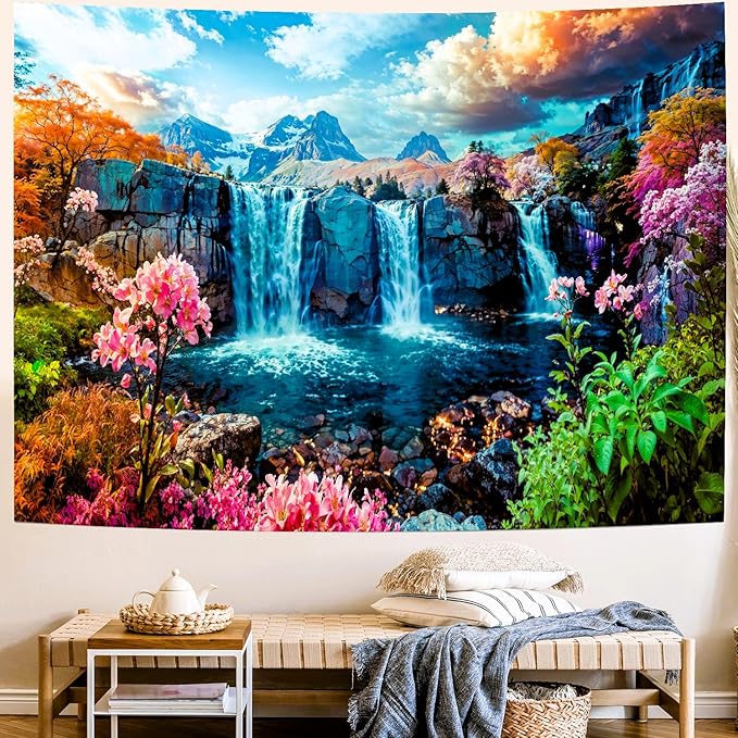 Delur Waterfall Tapestry Tropical Forest Mountain Sunset Tree Wall Hanging Tapestry Scenic Rainforest Landscape Nature Sunrise Headboard for Bedroom Living Room Home Decor (59.1" x 78.7")-Ruum Studio Home