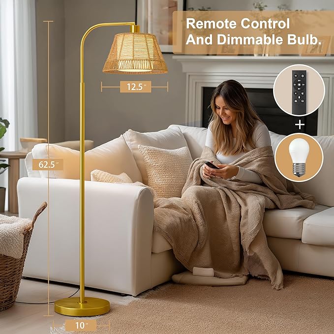 Oneach Arc Floor Lamp for Living Room with 3 Color Temperatures, Farmhouse Floor Lamps with Remote & Dimmable Bulb, Rattan Boho Floor Lamp with Hand-Woven Wicker & Fabric Shade-Ruum Studio Home