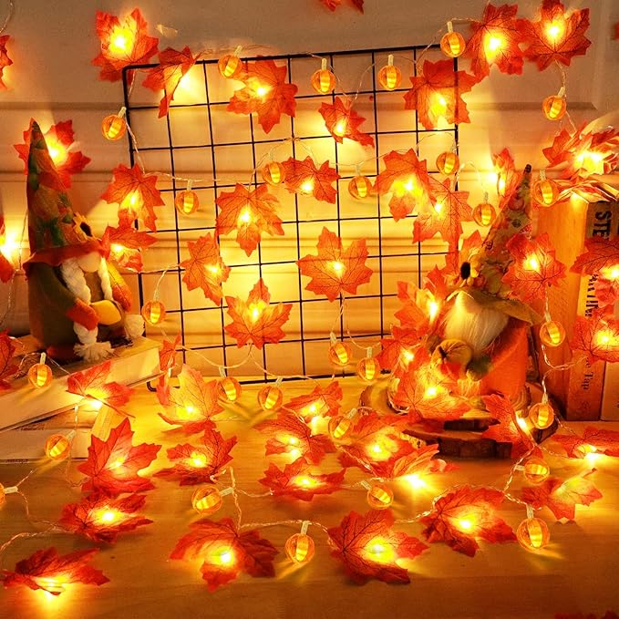 2 Pack Fall Garland with Pumpkin Lights Halloween Decorations Indoor 60 LED 20 Ft Enlarged Maples Leaves Fall Lights Battery Operated Halloween Garland Thanksgiving Decor Home Indoor Outdoor Christmas-Ruum Studio Home