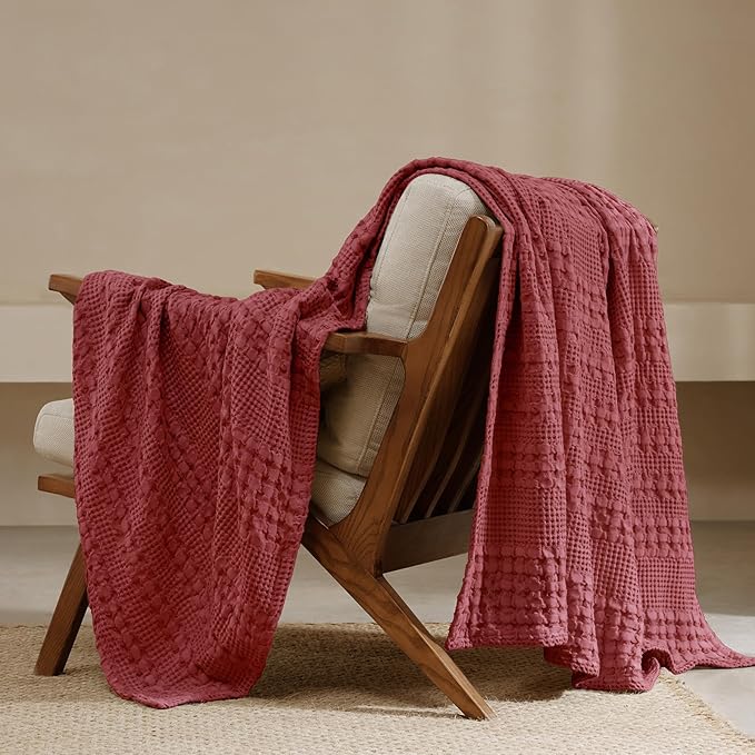 PHF 100% Cotton Waffle Weave Throw Blanket, Soft Lightweight Breathable Cozy Summer Throws for Couch Bed Sofa, Luxury Aesthetic Woven Blanket for Home Decor & Office, 50"x60", Wine Red-Ruum Studio Home