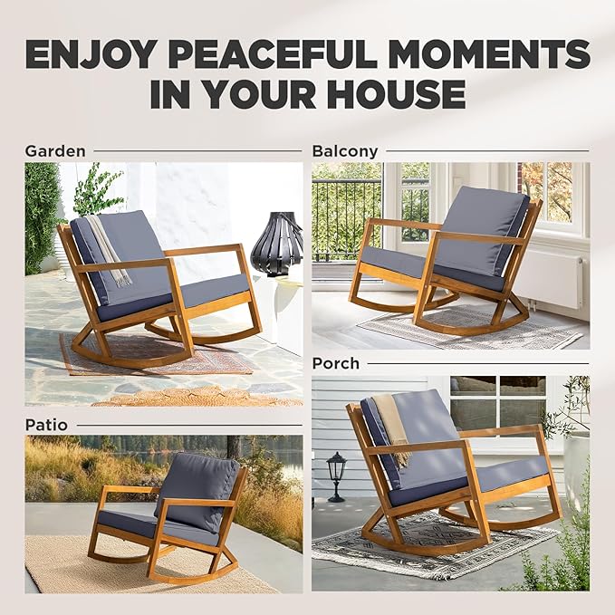 IDZO Club Rocking Chair 500lbs Capacity with Inclined Backrest, Thick Foam Cushion, Solid Acacia Wood Rocker for Patio, Backyard, Balcony, Porch, Grey-Ruum Studio Home