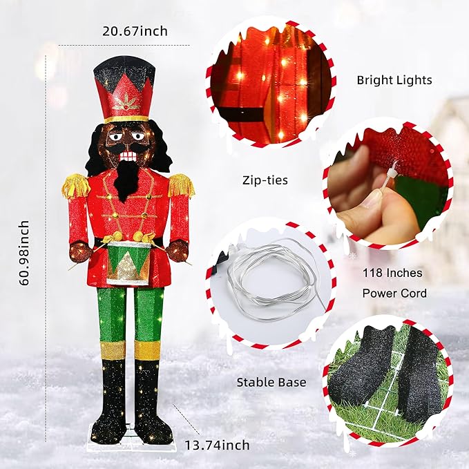 61Inch Nutcracker Christmas Decor Outdoor with LEDs 5 Feet Lighted Large Nutcracker Lighted Christmas Decorations Outdoor with Stakes & Zip Ties for Xmas Yard, Porch, Lawn-Ruum Studio Home