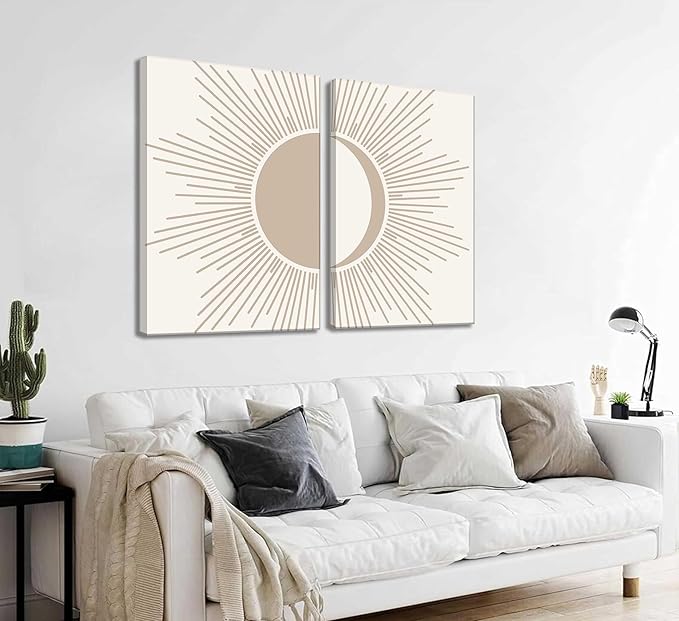 2Pcs Minimalism Boho Canvas Wall art Mid Century Modern Beige and White Sun and Moon Geometric Abstract Painting Pictures Wall Decor Posters Print Artwork for Bedroom Living Room Decoration-Ruum Studio Home