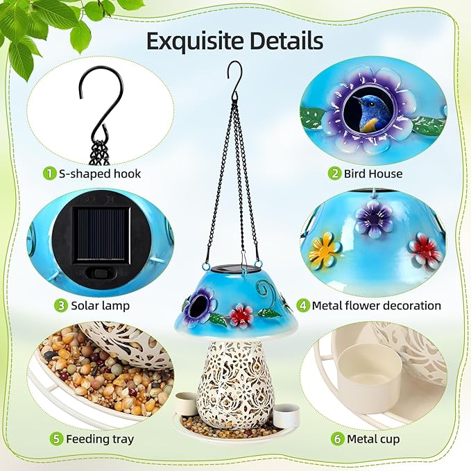 Mushroom Solar Bird Feeders for Outdoors Hanging Metal Wild Bird Feeder Garden Lantern with S Hook for Garden Decoration Blue-Ruum Studio Home