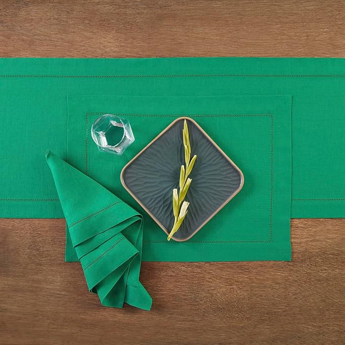 Solino Home Linen Emerald Green Hemstitch Table Runner 60 Inches - 100% Pure Linen Small Table Runner 14 x 60 Inch Ideal for Dresser and Coffee Tables - Classic Hemstitch-Ruum Studio Home