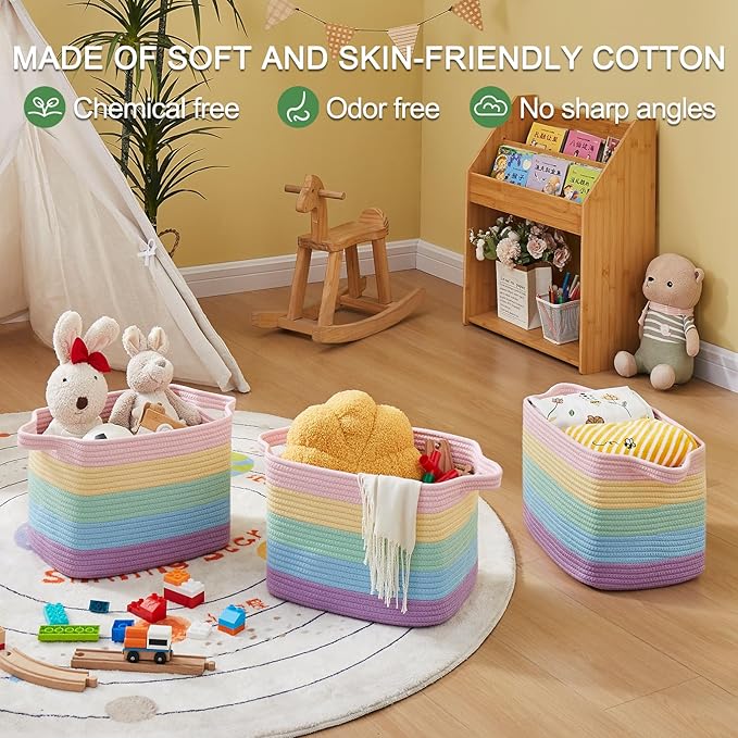 OIAHOMY Storage Basket, Woven Baskets for Storage, Cotton Rope Basket for toys,Towel Baskets for Bathroom - Pack of 3, Rainbow Pastel-Ruum Studio Home