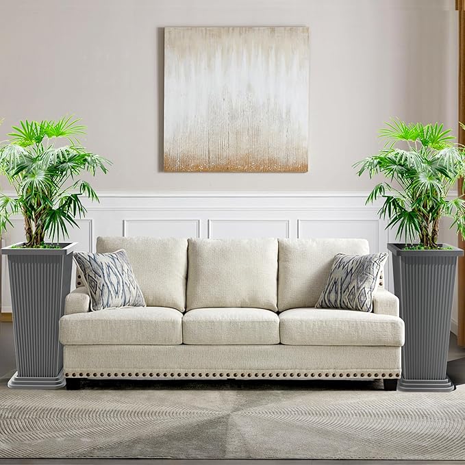 FENCY Set of 2 Tall Planters for Outdoor Plants, 24 Inch Large Tapered Pots with Drainage Trays, Weather-Resistant Plastic Plant Containers for Patio, Porch, Garden, Front Door Decor,Gray,Striped-Ruum Studio Home