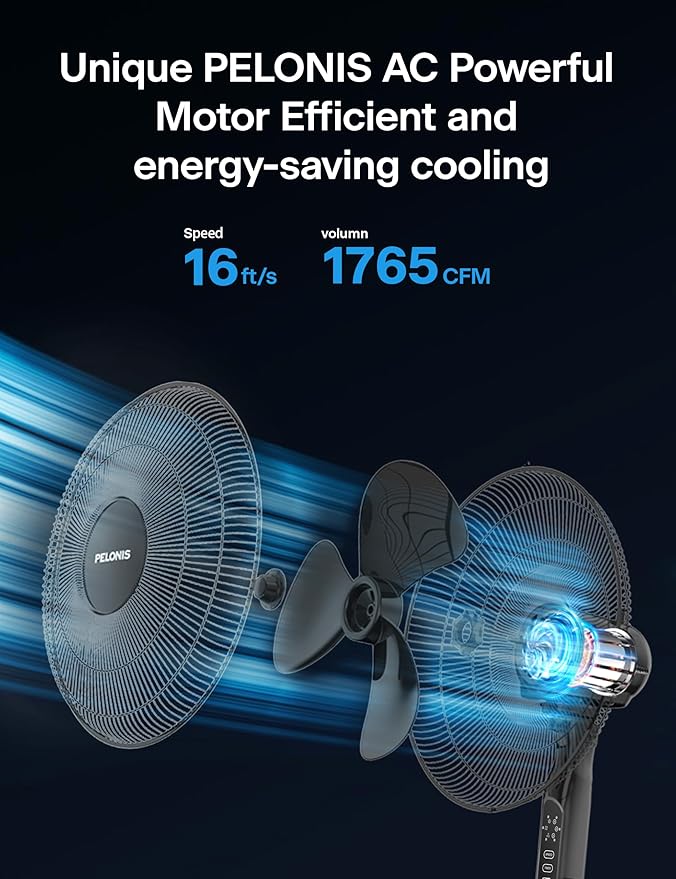 PELONIS 16'' Pedestal Fan for Bedoom, Remote, Standing Fan with 7-Hour Timer, 90° Oscillation, 3-Speeds, Adjustable Height, Electric Cooling Fans for Living Room and Office-Ruum Studio Home