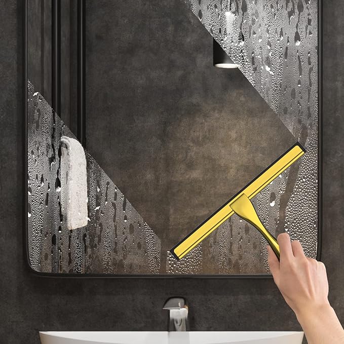 All-Purpose Stainless Steel Shower Squeegee for Shower Doors with 2 Adhesive Hooks, Bathroom Cleaner Tool Household Window Mirror Squeegee for Home Cleaning, Glass Door, Tile Wall, Car, 12 Inch Golden-Ruum Studio Home