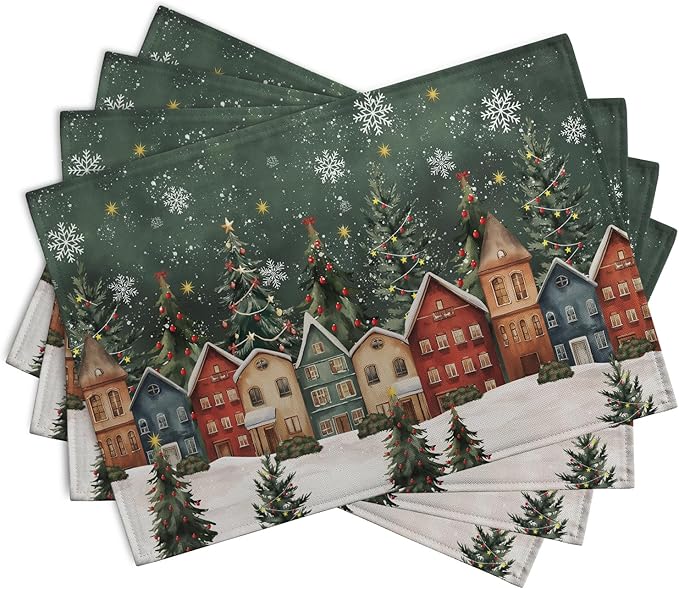 Christmas Placemats 12x18 Inch Set of 4, Winter Xmas Tree Wonderland Forest Village Town House Snowflake Linen Table Mats Washable Place Mats for Party Kitchen Dining Outdoor Indoor Decor-Ruum Studio Home
