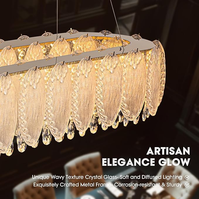 Gold Rectangle Modern Chandeliers for Dining Room Light Fixture, Water Ripple Crystal Glass LED Chandelier for Kitchen Island Bar Living Room, 2700K-6000K-Ruum Studio Home