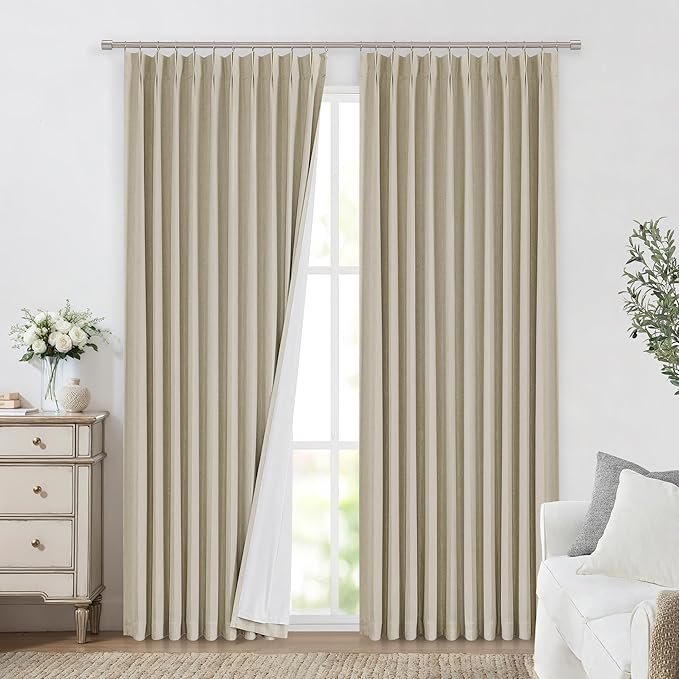 Vision Home Sand Pinch Pleated Full Blackout Curtains Linen Blended Room Darkening Window Curtains 102 inch for Living Room Bedroom Thermal Insulated Pinch Pleat Drapes with Hooks 60" Wx102 Lx1-Ruum Studio Home