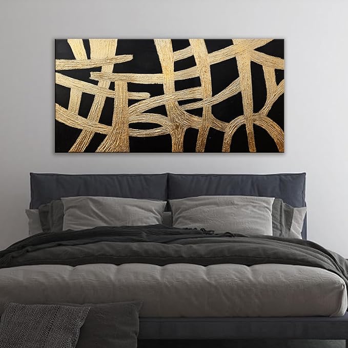 Abstract Wall Art Paintings Canvas Wall Art Decor Black And Gold Lines Artwork for Walls Texture Wall Decorations Modern Minimalist Wall Art Living Room Decor For Room Bedroom Office Wall Decor 24"X48"-Ruum Studio Home