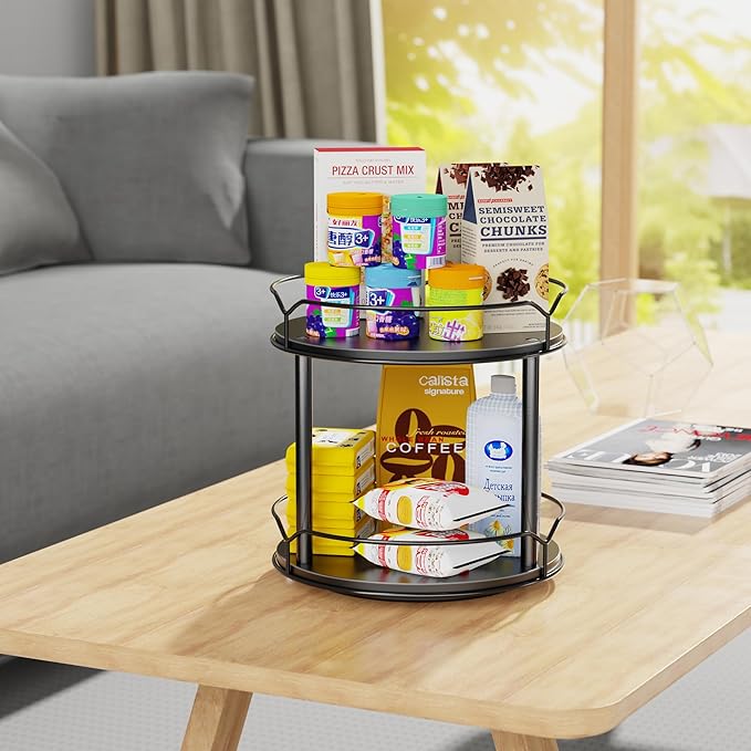 Lazy Susan Organizer 2 Tier - 9.2" Turntable Spice Rack for Table Top, Wooden Rotating Lazy Susan for Cabinet Pantry Kitchen Countertop Dining Table Cupboard Bathroom Vanity Storage(Black)-Ruum Studio Home