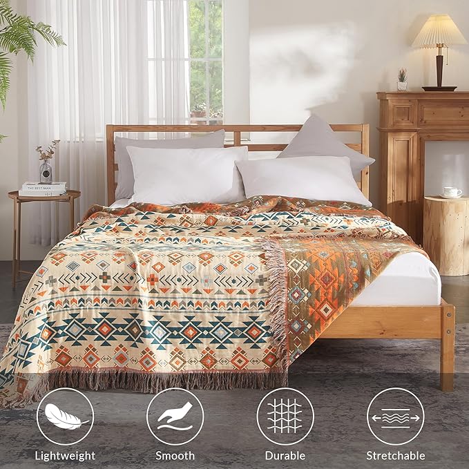 Boho Throw Blanket for Couch Sofa Bed, 100% Cotton Woven Quilt with Tassel 60”x80”, Super Soft Muslin Blanket with Patchwork Printed, Decorative Reversible Bed Blanket/Cover for All Seasons-Ruum Studio Home