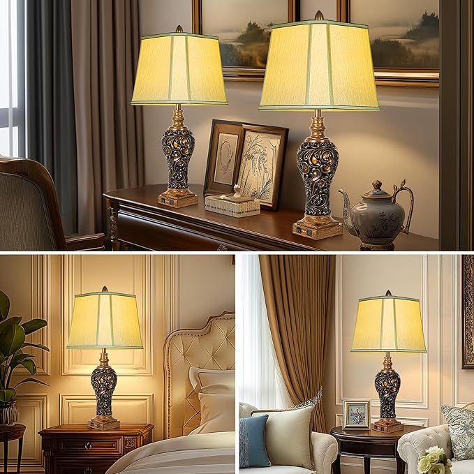 32'' Tall Rustic Vintage Table Lamps Set of 2 with Night Lights - Bedside Lamp with Faux Silk Shades for Bedroom and Living Room with 2 USB Charging Ports,Rustic Lamps for Living Room(Bulb Included)-Ruum Studio Home