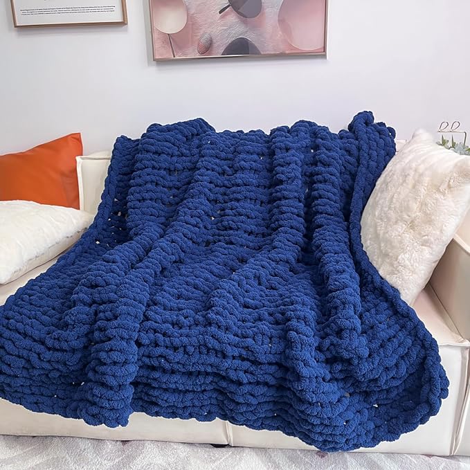 Chunky Knit Blanket Throw 40"x60", Chenille Throw Blankets, Handmade Warm & Cozy Blanket Couch Bed Home Decor, Soft Breathable Fleece Banket, Christmas for Couch Bed Sofa Best Gift (Navy Blue)-Ruum Studio Home