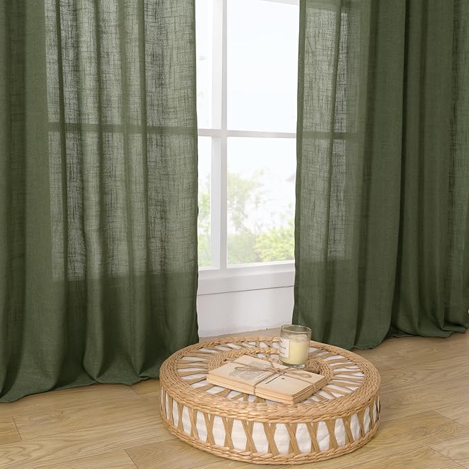 LAMIT Olive Green Linen Sheer Curtains 95 inch for Living Room 2 Panels, Soft Thick Light Filtering Boho Window Textured Christmas Drapes with Bronze Grommet for Bedroom Farmhouse, 52 x 95 Inch-Ruum Studio Home