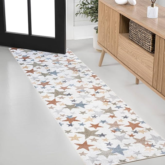 JONATHAN Y Machine-Washable Ivory/Blue/Orange Runner Rug, 2x8, Star Gazer Geometric, Border, Kids & Novelty, Classic, Bedroom, Kitchen, Living Room, Easy-Cleaning, Non-Shedding (KDW100A-28)-Ruum Studio Home