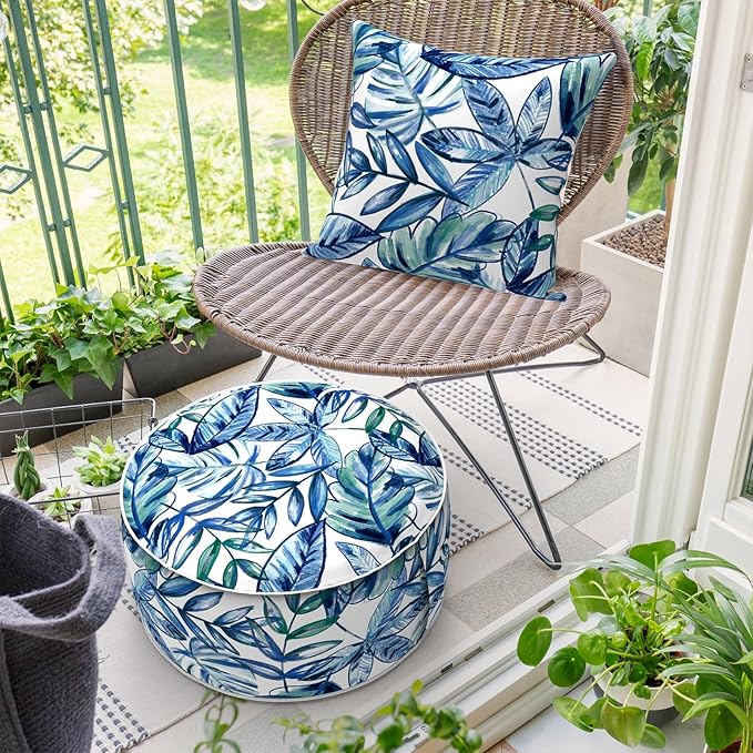 Inflatable Ottoman Stool D21 xH9 for Outdoor/Indoor Use, Water Repellent Patio Foot Rest Stool with Portable Handle,Round Pouf Ottoman Suitable for Garden,Deck and Camping - Leaves Ink Blue-Ruum Studio Home