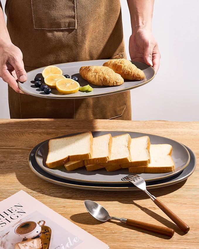 famiware Serving Platter, Oval 15.59/14.3/12.9 inch Serving Dishes for Entertaining, Serving Bowls, Microwave Safe, Fine Stonware Serving Trays for Party, Turkey, Cheese, Ocean Series, Dark Grey-Ruum Studio Home