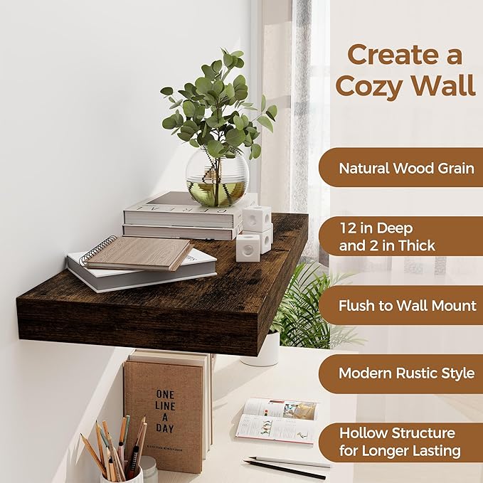 12 Inch Deep Floating Shelves, 24 x 12 Floating Shelf for Books, Rustic Wood Deep Wall Shelves for Home Storage & Display, 2" Thicked Shelves for Kitchen, Living Room, Bedroom, Rustic Brown, 1 Pack-Ruum Studio Home