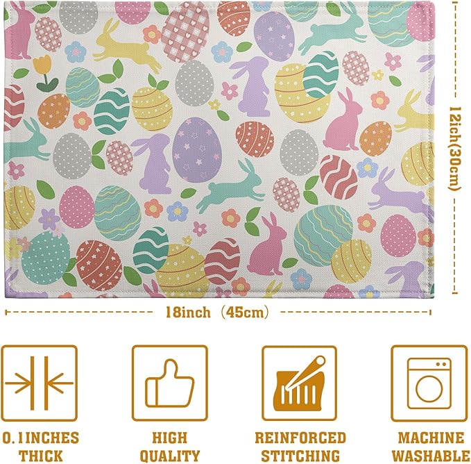 Easter Eggs Bunny Floral Placemats Set of 4 Watercolor Egg Floral Place Mat 12x18 Inch Seasonal Spring Colorful Washable Linen Table Mats for Party Kitchen Dining Outdoor Indoor Decor-Ruum Studio Home