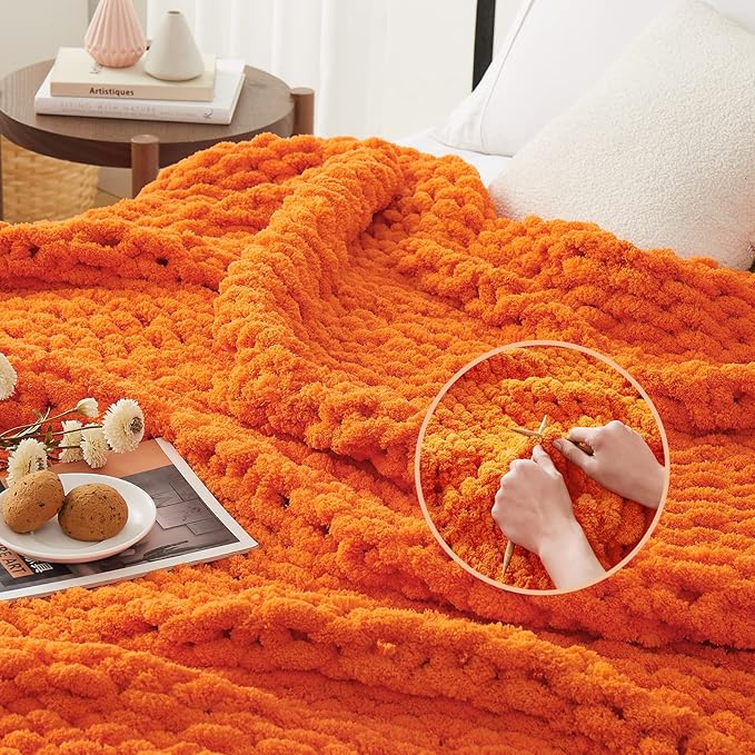 L'AGRATY Chunky Knit Blanket Throw: 72''x84'' Chenille Chunky Knitted Throw Blanket for Bed Couch - Handmade Thick Big Cable Knit Blanket - Large Chunky Crochet Rope Blanket for Home Decor(Orange)-Ruum Studio Home